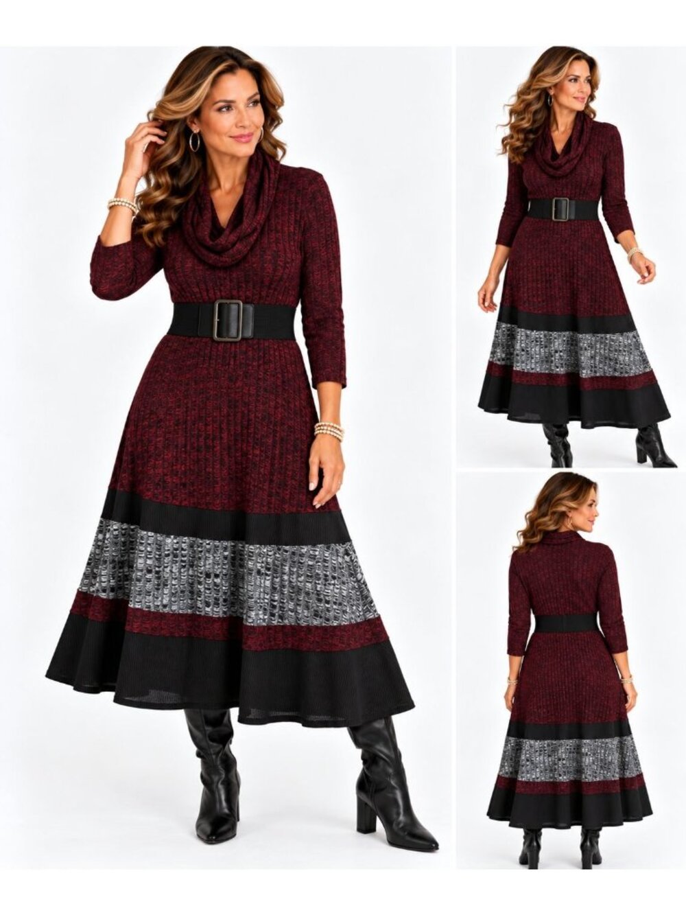 Signature By Robbie Bee XL Burgundy & Black Dress With Scarf Striped Pattern